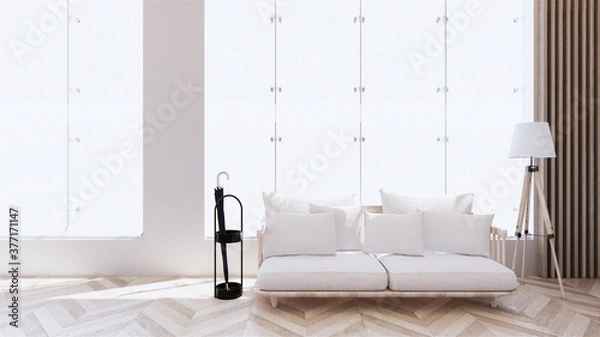 Fototapeta living room with white sofa on zen interior design. 3D rendering