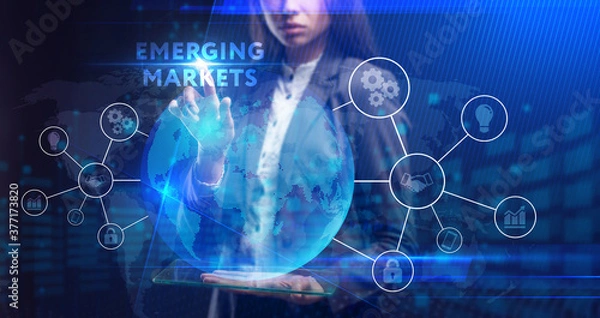 Fototapeta Business, Technology, Internet and network concept. Young businessman working on a virtual screen of the future and sees the inscription: