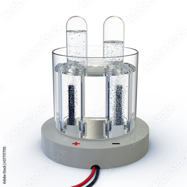 Fototapeta Electrolysis of water showing gas bubbles liberated from the electrodes, isolated on white background. 3D illustration.