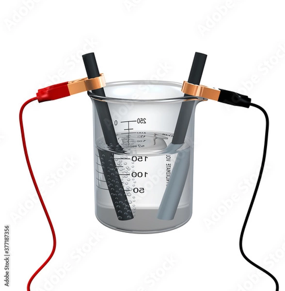 Fototapeta Electrolysis of zinc nitrate solution showing gas bubbles liberated from an electrode and formation of a grey solid deposit on another electrode. Isolated on white. 3D illustration.