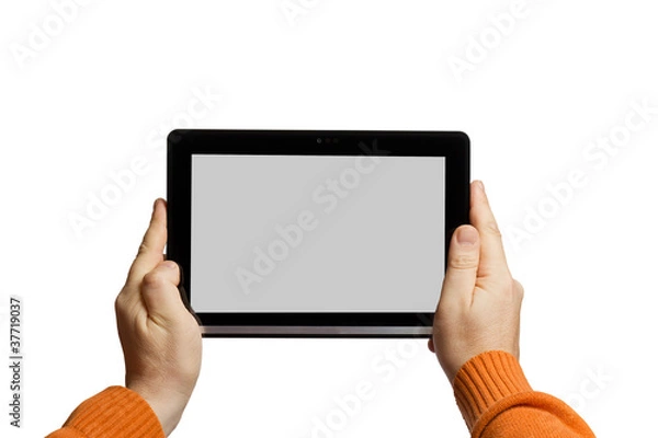 Obraz Mann hältTablet PC - freigestellt