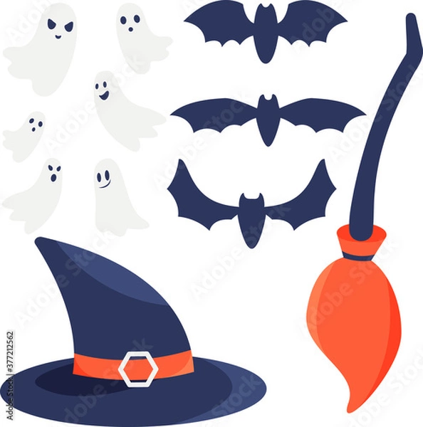 Fototapeta A witch hat with buckle, bats, ghosts, witch's broom set isolated on white background. Wizard hat with ribbon and buckle. Accessory for Halloween party, holiday vibes. Vector cartoon flat illustration