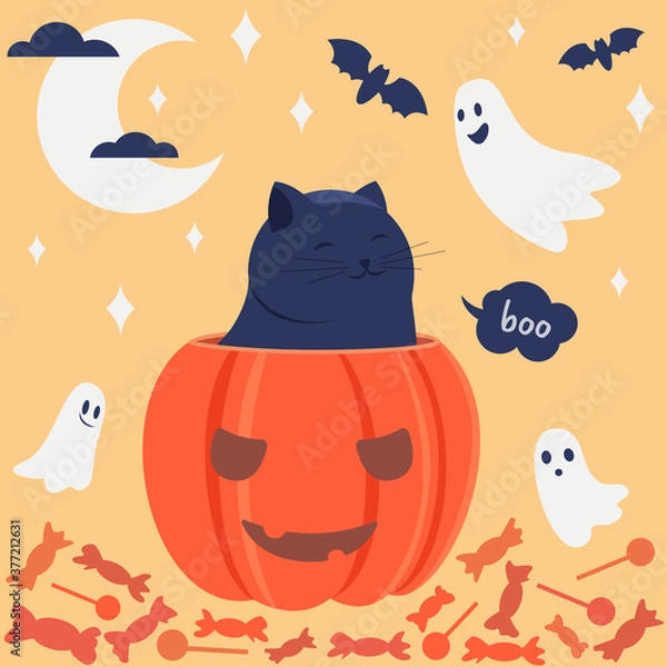 Fototapeta Cute smiling cat sits in a pumpkin on candy with ghosts, bats, moon and stars. Crescent moon with clouds. Boo text. Orange pumpkin with cut eyes and mouth. Halloween night party, holiday vibes.Vector.