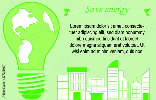 Fototapeta Ilustración vectorial para concienciar sobre el ahorro de energía, bombilla gigante con mapa en el interior, edificios en el lado derecho, fondo verde claro y texto
