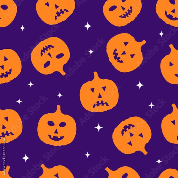 Fototapeta Halloween seamless pattern with cute cartoon pumpkin  on purple background. Easy to edit vector template for greeting card, banner, poster, party invitation, fabric, textile, wrapping paper, etc