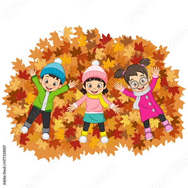 Obraz Cartoon Happy kids lying on colorful autumn leaves