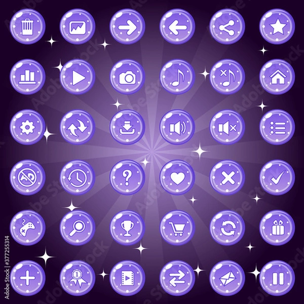 Obraz Buttons and icon set design for game or web theme is purple. Premium Vector illustration.