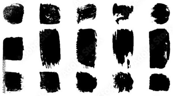 Fototapeta Vector grunge brush, spots. Abstract brush strokes with a dry brush. Large set of ink blots. Black backdrops, patterns on white background