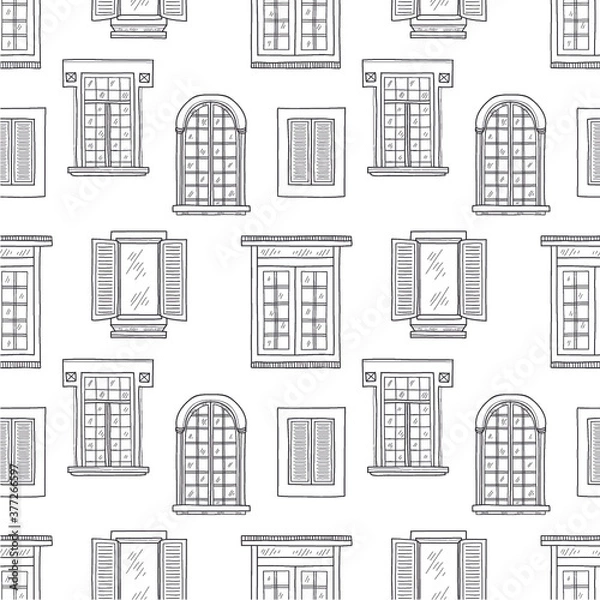 Fototapeta Seamless pattern with cute hand drawn windows  different types. Vintage windows collection