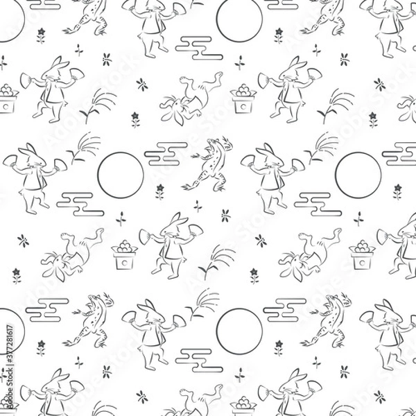 Fototapeta 月見 鳥獣人物戯画のパターン背景