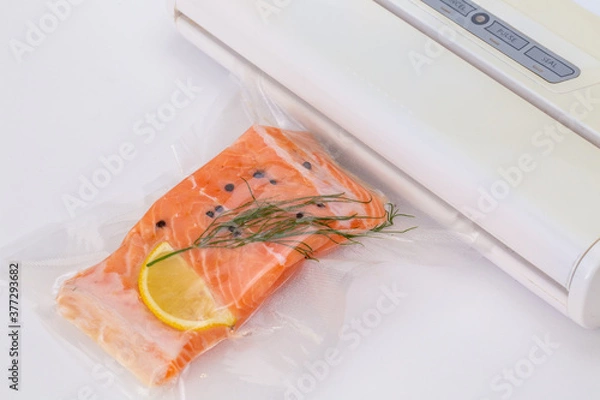 Fototapeta fresh salmon fillet in bag ready for sous vide