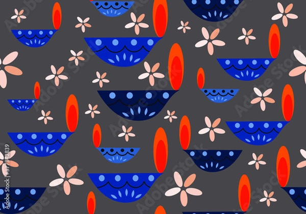 Fototapeta Colourful Diwali clay lamps motifs illustration. Artistic geometric and floral patterns on the lamps. Useful design for cards, wallpaper, banner, ribbons, gift wrappers. Festival of lights theme.