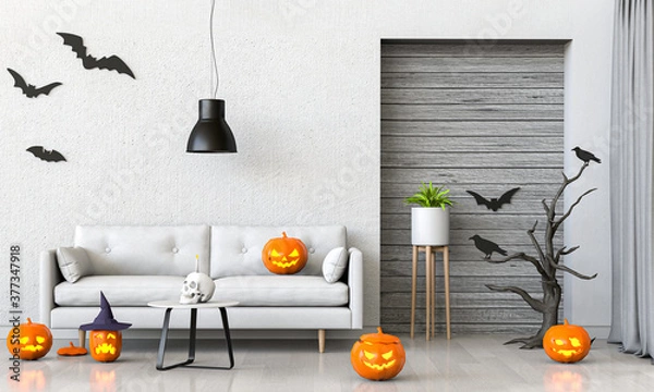 Fototapeta 3D render Halloween party w salonie z dyni, jack-o-lantern