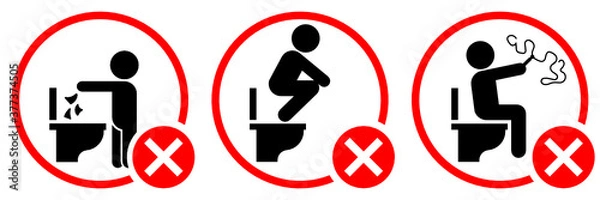 Fototapeta Warning toilet vector sign set isolated on white background, do not step on the seat, litter in toilet and write on wall of the toilet