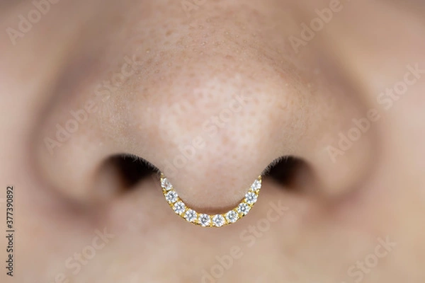 Obraz Nose piercing septum. Beautiful piercing jewelry. Macro shot. Selective focus.