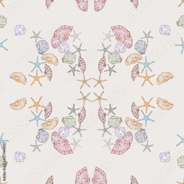 Obraz Marine beach seamless pattern with seashells and sea stars on eggshell color background.