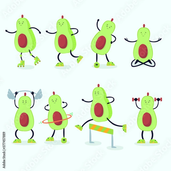 Obraz cute avocados characters doing exercise 
