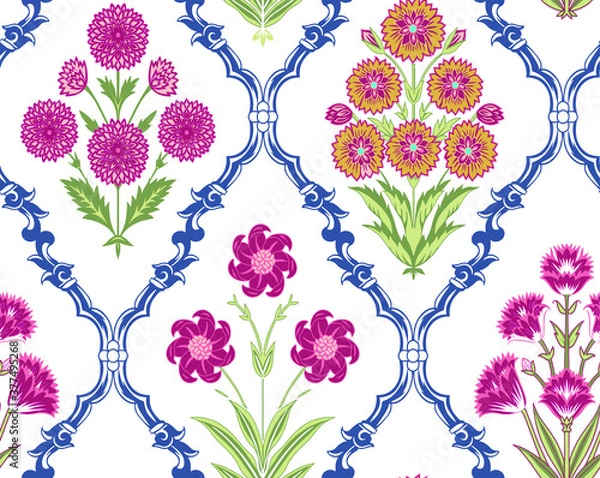 Fototapeta Fantasy botanical flowers in retro, vintage style. Element for design. Colored vector illustration. Isolated on blue background.