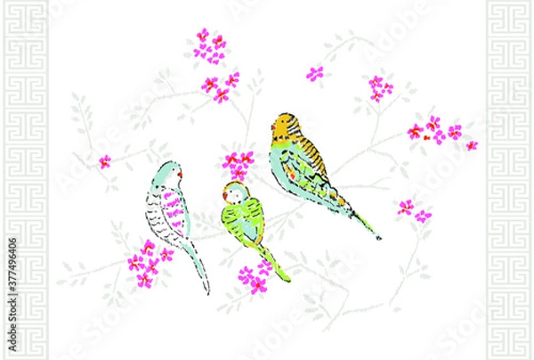 Obraz watercolor pattern. flowers and birds drawn for design. Floral arrangement with leaves and birds. Bright pattern for wallpaper, background, fabric, design.