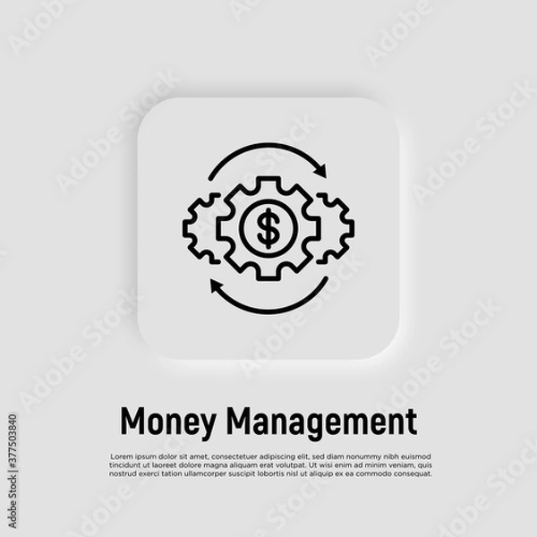 Fototapeta Money management thin line icon. Investment, financial circulation, financial operating, income from funds. Gear with arrows. Vector illustration.