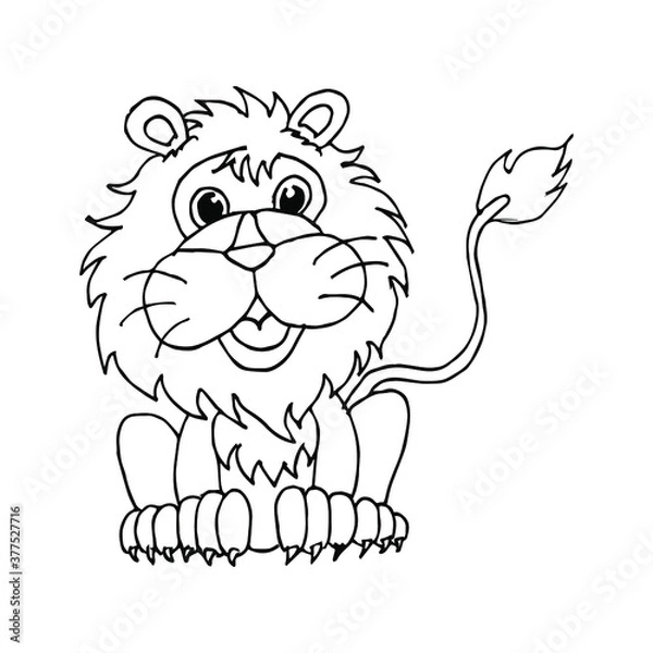 Fototapeta Cute little lion in cartoon style on white background, vector illustration. Coloring page.