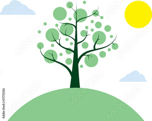Fototapeta Tree on a hill with sun and clouds