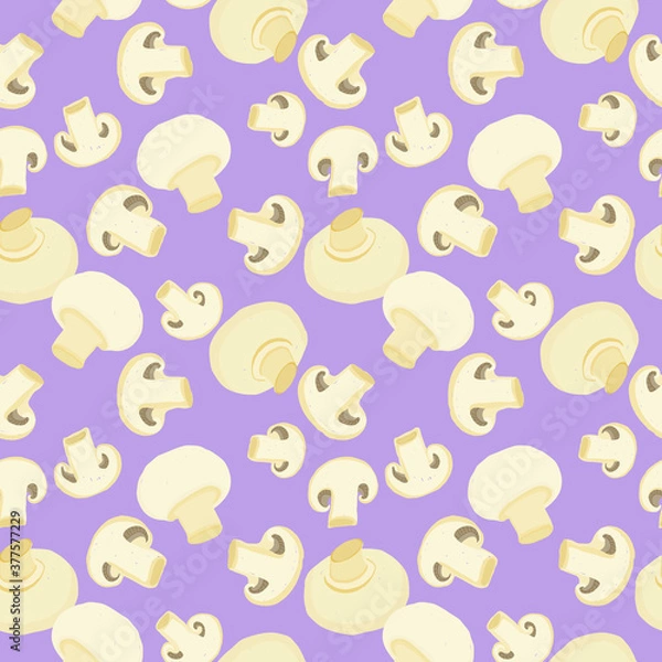 Fototapeta Vector whole and chopped mushrooms seamless pattern lilac background. Perfect for textile design, fashion prints, paper backgrounds.