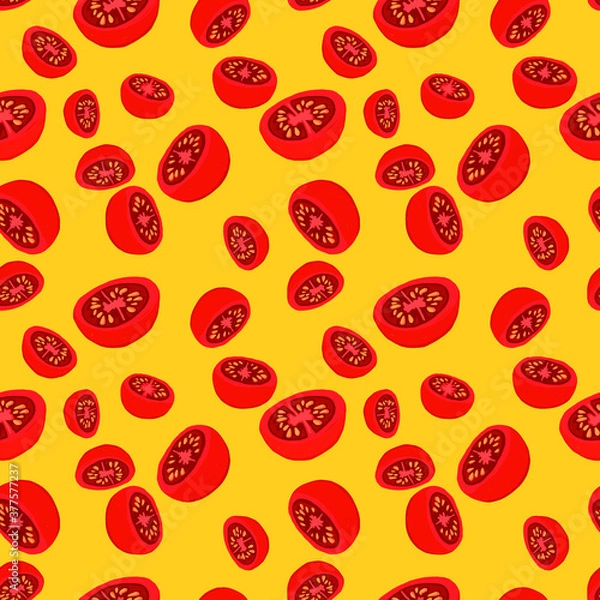 Fototapeta Vector red tomatoes seamless pattern mustard background. Perfect for textile design, fashion prints, paper backgrounds.