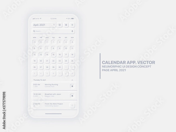 Fototapeta Vector Calendar App Page April 2021 with To Do List and Tasks Conceptual UI UX Neumorphic Design Mockup Isolated on White Background. Neumorphism Elements Planner Application Template for Mobile Phone
