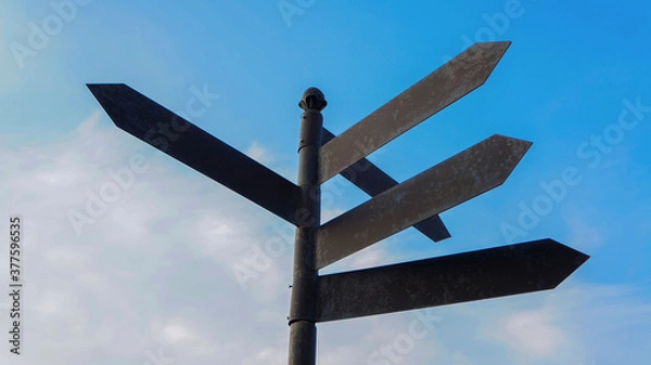 Fototapeta Direction indicator. Blank directional road signs. Road pointer against the blue sky