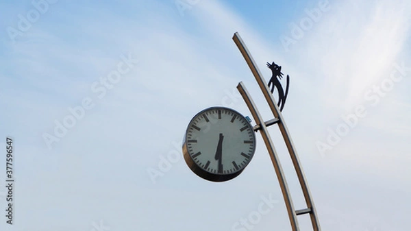 Fototapeta City clock on the street on a sunny day with the figure of a cat