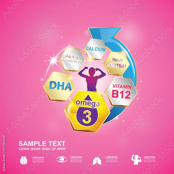 Fototapeta Omega 3 Vitamin and Nutrients for Kids Vector Concept