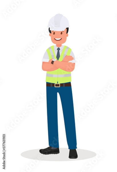 Obraz An engineer man wearing a hard hat and a protective vest. Foreman at the construction site. The factory worker, the chief.