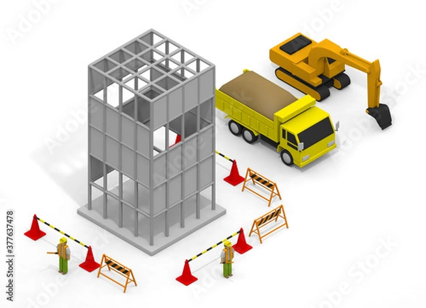 Fototapeta A person who works at a construction site. A truck that carries garbage. Excavator operation. isometric.