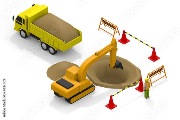 Fototapeta A person who works at a construction site. A truck that carries garbage. Excavator operation. isometric.