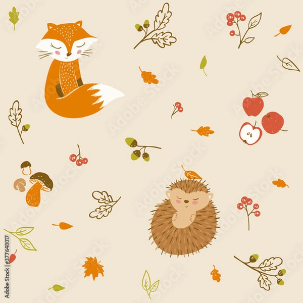 Fototapeta Autumn seamless pattern with cute fox and hedgehog.