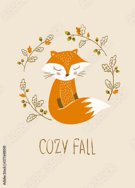 Fototapeta Autumn card with fox and place for your text.