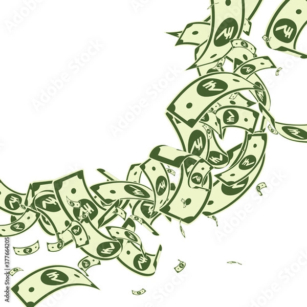 Fototapeta Indian rupee notes falling. Messy INR bills on whi
