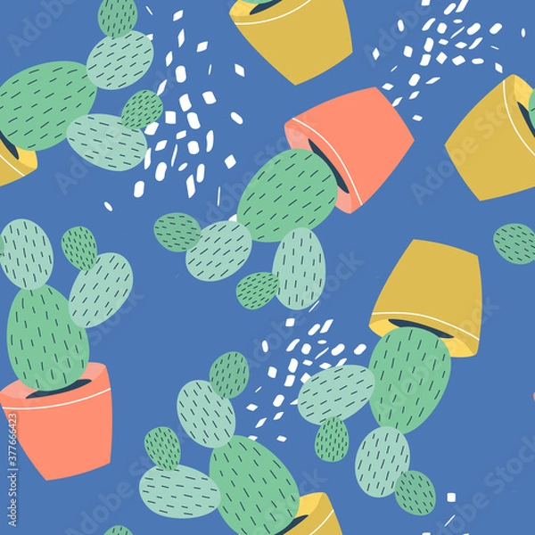 Obraz Potted cacti, hand drawn overlapping background. Decorative wallpaper, good for printing. Colorful seamless pattern with houseplants. Illustration vector, house plants in pots