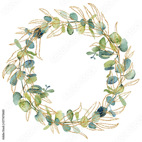 Fototapeta Wreath of watercolor and golden eucalyptus branches and leaves, hand drawn on a white background