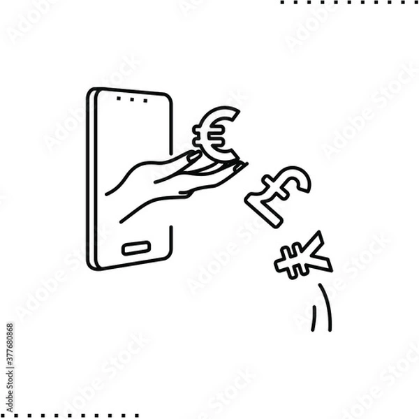 Fototapeta Hand giving a different currency from a cellular phone, pandemic economic and teleworking vector icon in outlines