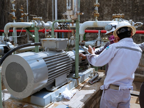 Fototapeta Technician checking and reading data vibration measurement of motor in power plant.