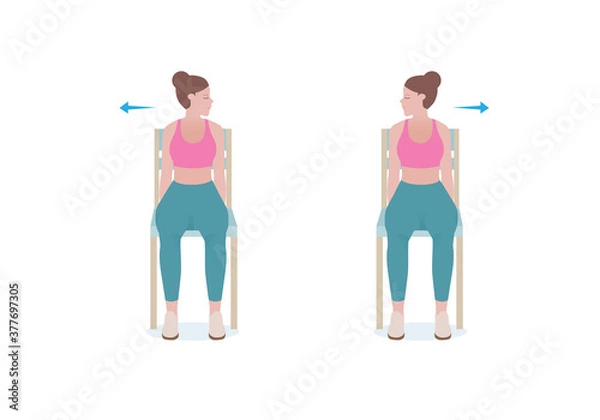 Obraz Exercises that can be done at-home using a sturdy chair.
Keeping in this position, rotate the head to either the left or right until feeling a gentle stretch.  with Neck Turns posture. Cartoon style.