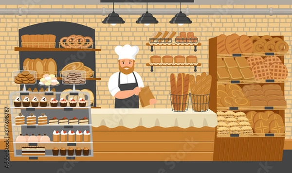 Fototapeta Bakery shop. Showcases with bread, buns and cakes. Baker. Cartoon style. Vector illustration.