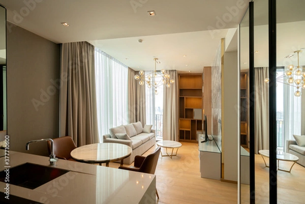 Obraz beautiful contemporary modern design apartment with natural light fron bir window white curtain