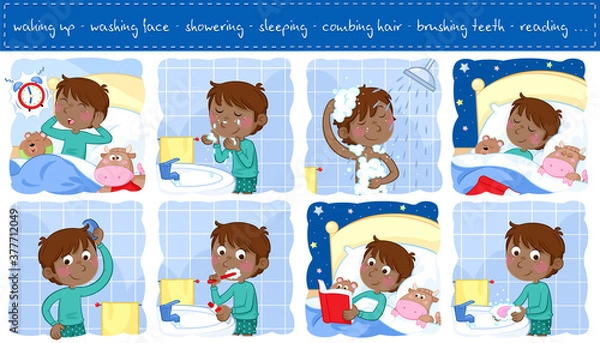 Fototapeta Good morning and good night - Daily routine of a little black boy with dark brown hair - Set of eight routine actions