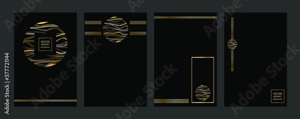 Fototapeta Set of branded templates. Banners. Gold elements on a black background. A circle with stripes. Logo.