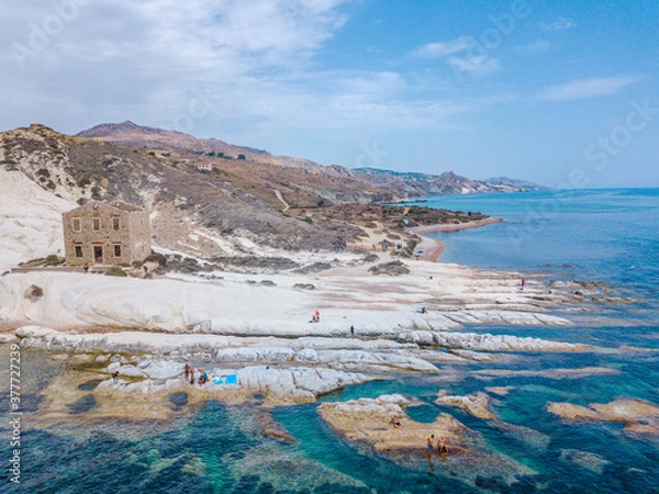 Obraz Punta Bianca, Agrigento in Sicily Italy -  White beach with old ruins of abandoned stone house on white cliffs