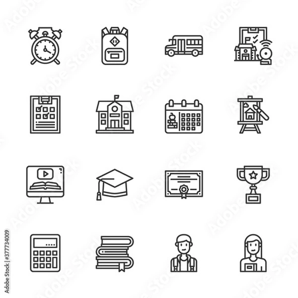 Fototapeta Simple Set of Back to School Line Icons, Outline symbol collection, student,  school bus, backpack,