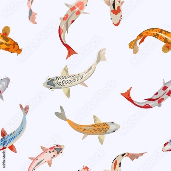 Obraz Seamless pattern with multi-colored Koi carps in the water. Vector illustration.